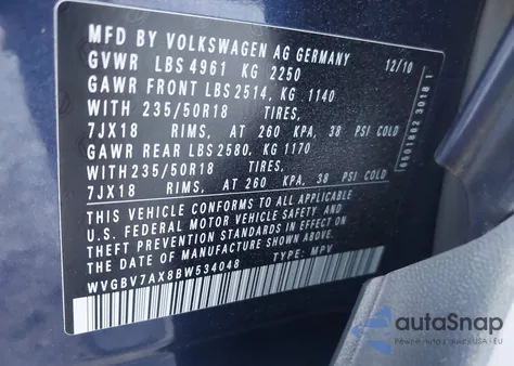 2011 Volkswagen Tiguan S/Se/Sel из США, поврежденный, VIN WVGBV7AX8BW534048